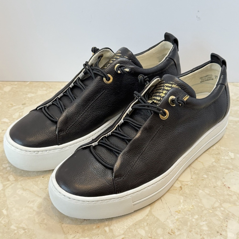 Paul Green Faye Platform Sneakers Black Leather Gold Women's US 9.5 Walking